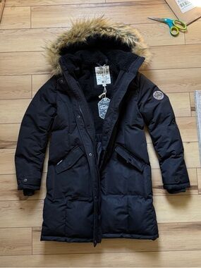 Tokyo Laundry Black Faux-Fur Trim Hooded Puffer Coat